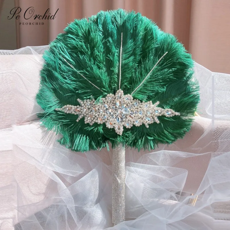 PEORCHID Green Ostrich Feather Bridal Fan Wedding Brooch Bouque Luxury Crystal 1920's Great Gatsby Bouquet Bridesmaid Hand Fan