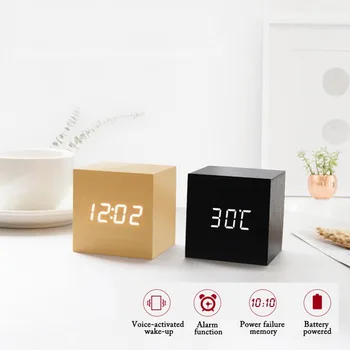 

LED Wooden Digital Alarm Clock Voice Control Temperature Display Backlight Electronic USB/AAA Powered Clock Table For Home Decor