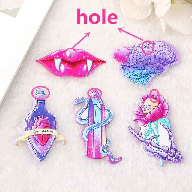 10Pcs Creepy Valentine Acrylic Charms Magic Snake Heart Skull Flower Pendant For Earring Necklace Diy Making Mix with Hole