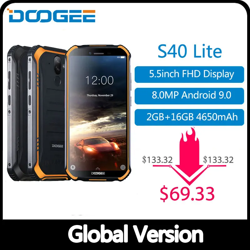 IP68 DOOGEE S40 Lite прочный мобильный телефон 5,5 дюймов дисплей 4650 мАч 8,0 МП отпечатков пальцев четырехъядерный 2 ГБ 16 ГБ Android 9,0