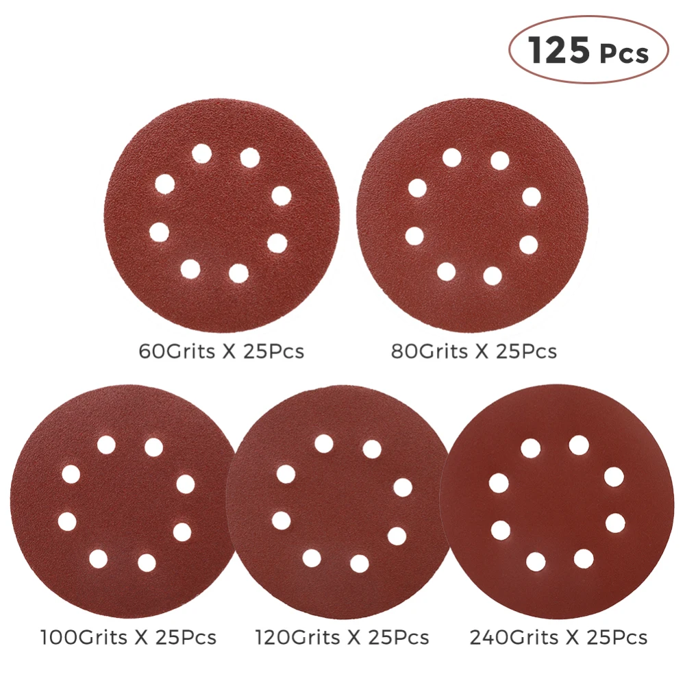 125pcs 8 Holes Sanding Discs 60 80 100 120 240 Mixed Grit Durable Orbital Sander 5 Inch Power Tools Efficient Grinding Pneumatic