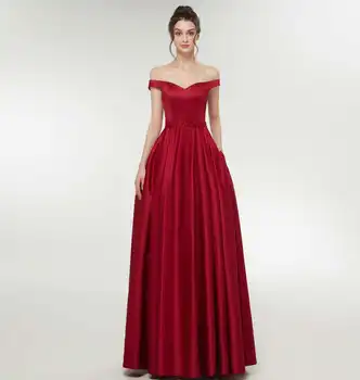 

Elegant Long Satin Prom Dresses with Pockets Floor Length Off Shoulder Burgundy Lace Up Back Formal Party Dresses for Women