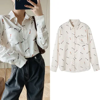 

2020 Spring Summer Intellectual Temperament Fashion Cigarette Butt Print Shirt Classic Single-breasted Shirt Women A2