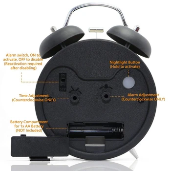 

New 4 inch Twin Bell Alarm Clock Metal Frame 3D Dial with Backlight Function Desk Table Clock for Home & Office black