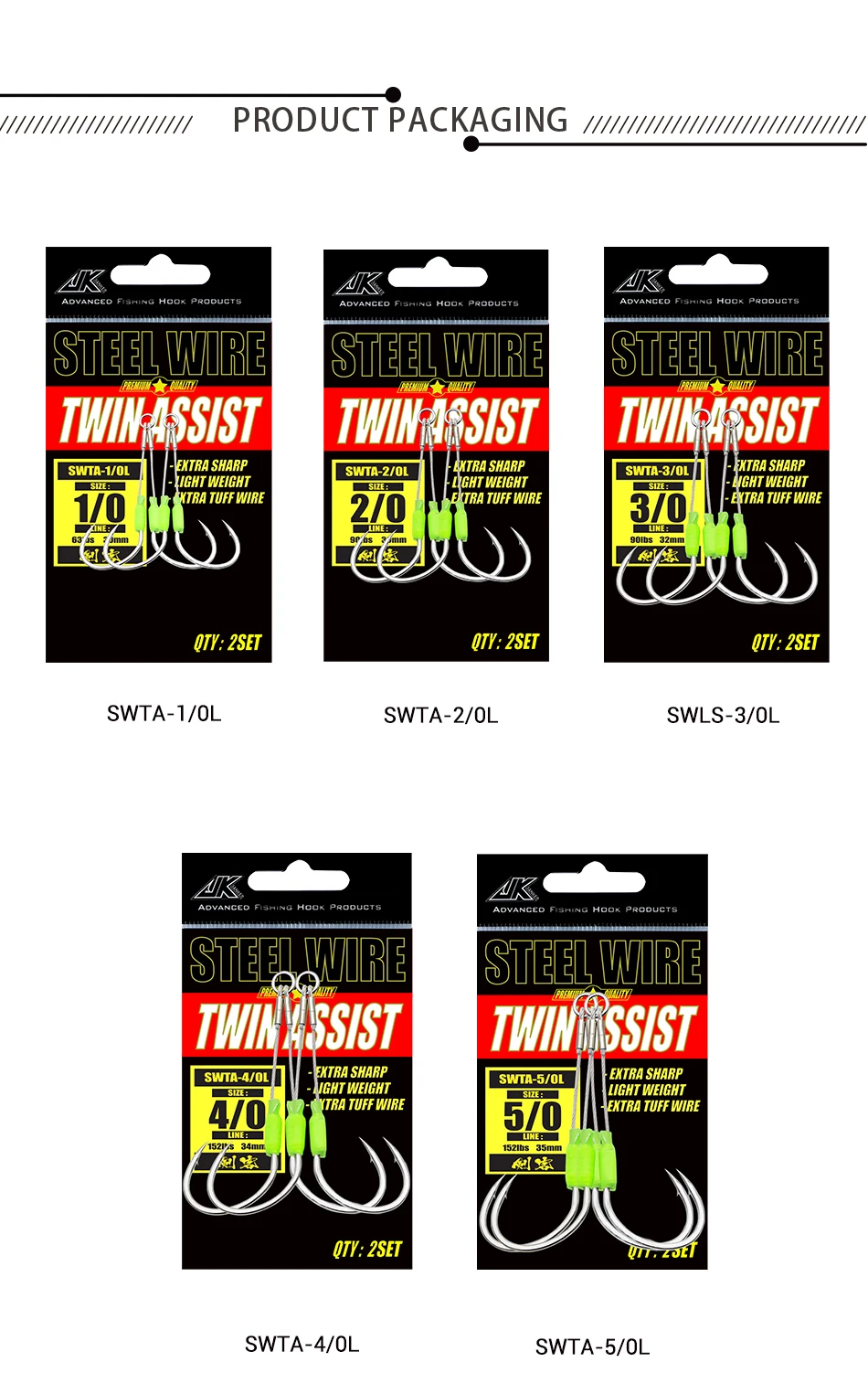 JK 5packs Sea Fishing Hook Steel Wire 7x7 Slow Jigging Size 1/0 2/0 3/0 4/0 5/0 Luminous Double Assist Hook Slow Pitch Tackle