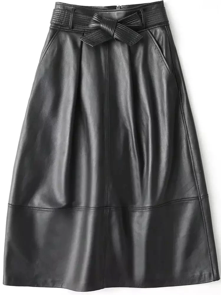 Длинная юбка из натуральной овчины, натуральная кожа, модная женская короткая юбка, настоящий тонкий пояс, черный цвет, H90