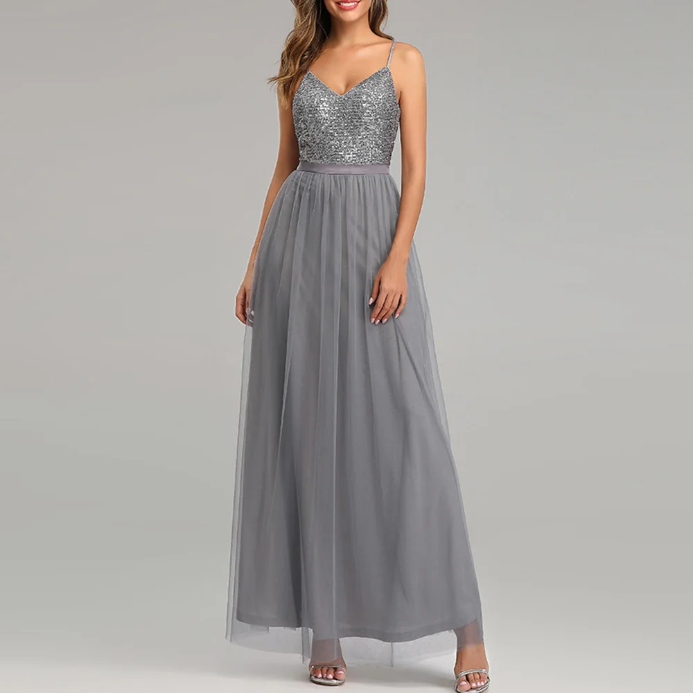 

Elegant Prom Dresses Plus Size Mesh Patchwork Women Sexy Backless Spaghetti Strap Long Sparkly Sequins Party Dress 2020