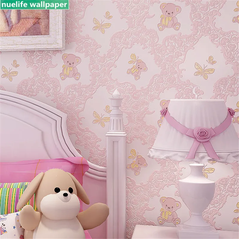 Children's room pink cute cartoon bear butterfly non-woven wallpaper living  room bedroom wedding room kindergarten wall paper
