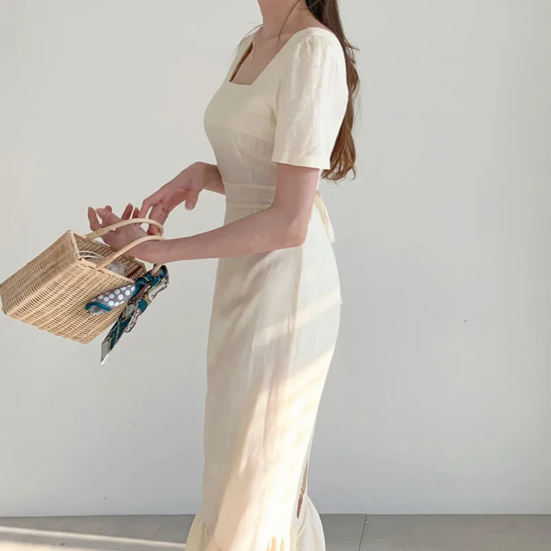 Elegant V-Neck Slim Waist Dress Cotton Linen Dress Summer Dress Female Vintage Loose Office Lady Long Korean Dresses 2020