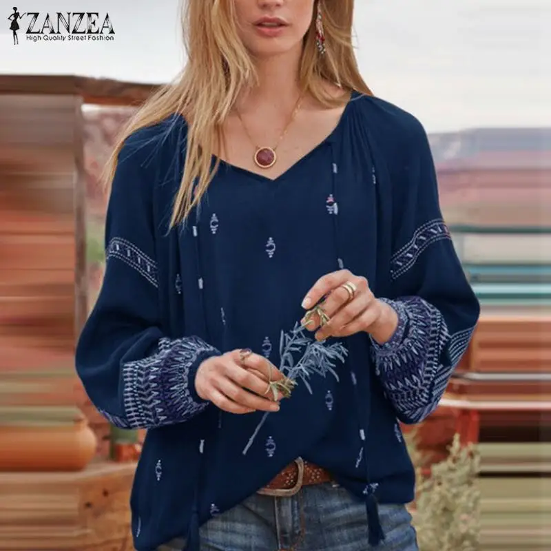  ZANZEA Bohemian Tops Women Autumn V neck Floral Printed Blouse Long Sleeve Shirt Femininas Blusas C