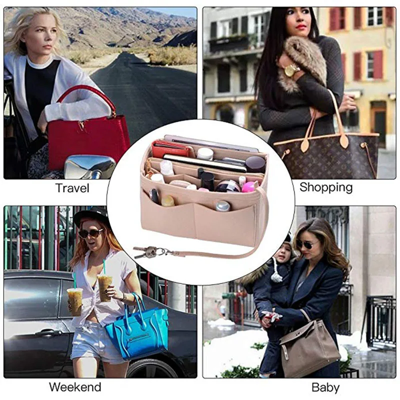 HHYUKIMI Brand Make up Organizer Felt Insert Bag For Handbag Travel Inner Purse Portable Cosmetic Bags Fit Various Brand Bags HHYUKIMI Brand Make up Organizer Felt Insert Bag For Handbag Travel Inner Purse Portable Cosmetic Bags Fit Various Brand Bags