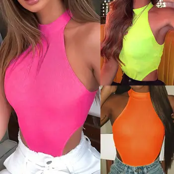

Women Bodycon Slim Fitness Workout Sleeveless Clubwear Rompers Jumpsuits Off Shoulder Halter Solid Summer Bodysuit Outwear Tops