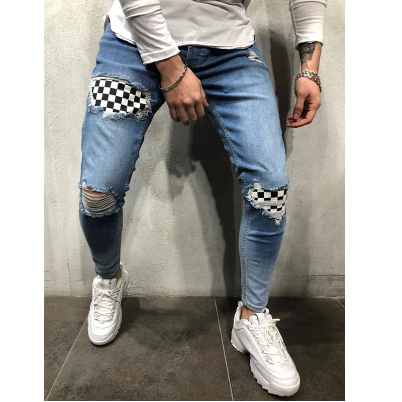 Pantalones vaqueros rasgados empalmados para hombre, pantalones vaqueros como lápiz ajustados, pantalones con parches a cuadros, cintura elástica, S-3XL
