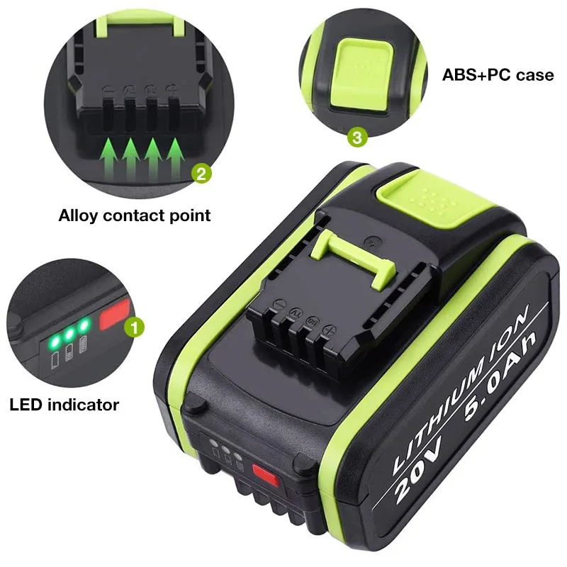 20V 5.0Ah Li-Ion Power Tool Replacement Rechargeable Battery for Worx WA3553 WA3551 WX390 WX176 WX178 WX550 WX678 WX373 WA3572 |