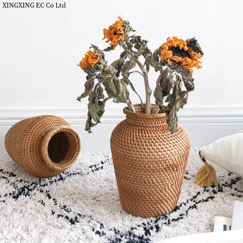 

Japanese Style Handmade Rattan Flowerware Ceramic Mini Vase Home Flower Arrangement Accessories Living Room Office Furnishings