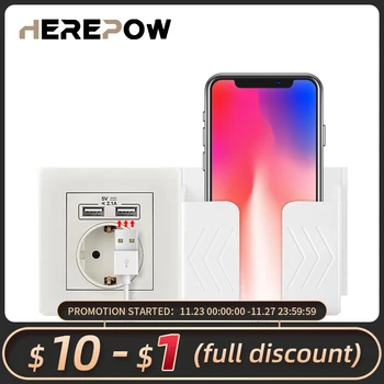

Herepow 2020 Wall Power White phone socket Grounded 16A EU Standard Electrical Outlet With 2100mA Dual USB Charger Port