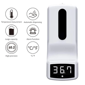 

Wall Mounted Thermometer with Hand Soap Dispenser Automatic Temperature Measurement with Alarm for Office Home School JS
