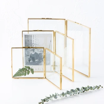 

Folded Double-Sided Glass Metal Photo Frame, Botanical Specimen Holder, Electroplated Gold-Covered Display Stand