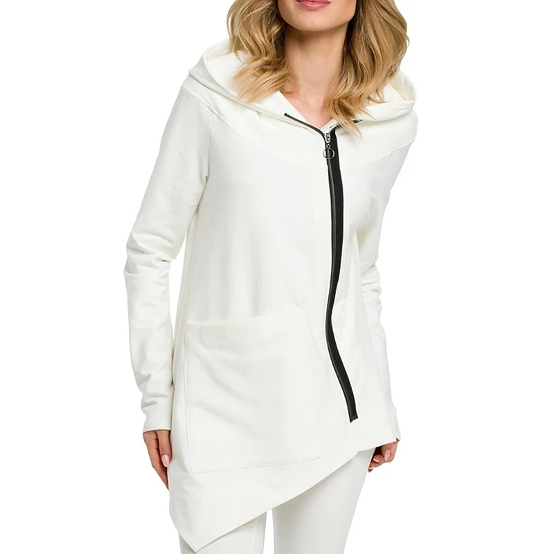 Very best Women Hooded Jacket Oblique Zipper Coat 2019 Big Pocket Long Sleeve Irregular Hem Outwear Thumb Hol