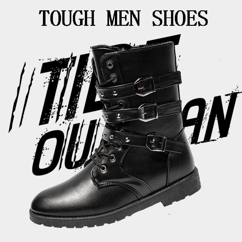 

New Fashion Winter Tough Men Boots Flat With Fur Motorcycle Boots Men Top Metal Buckle Lace Up Shoes Mid Calf Couples 753