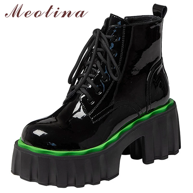 

Meotina Women Patent Cow Ankle Leather Boots Thick High Heel Platform Boots Zipper Lace Up Ladies Boots 2021 Autumn Winter Green