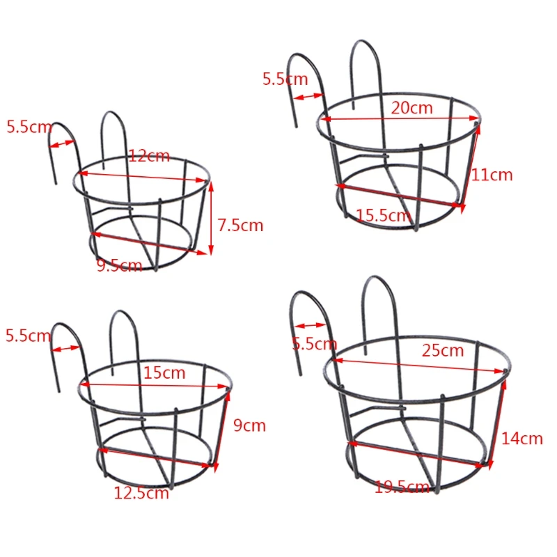 Balcony Round Flower Pot Basket Iron Railing Fence Hanging Potted Plant Rack Planter Stand Holder Garden Decoration 1Pc