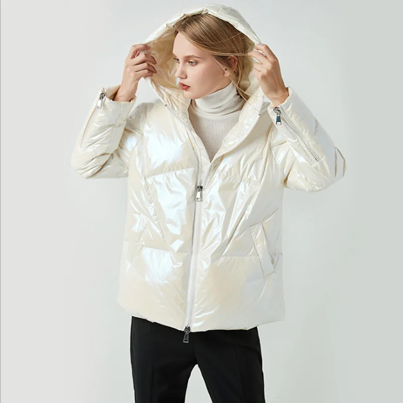 women winter new style down jacket fashionable hooded white duck down clothes thickened coat short style warm shiny coat