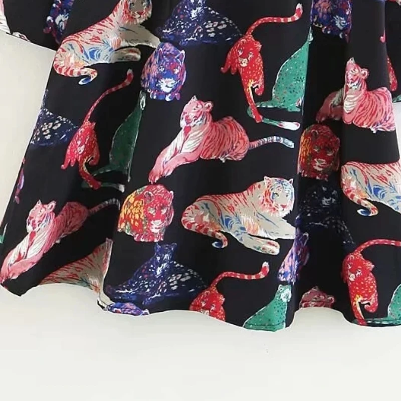 Цвет животных печати три четверти рукав женское мини платье Осень Досуг леди o-образным вырезом Свободные платья D3651