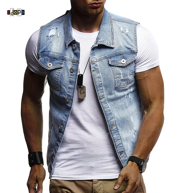 Idopy Casual Men`s Denim Vest Ripped Distressed Sleeveless Jeans Jacket and Coat Waistcoat