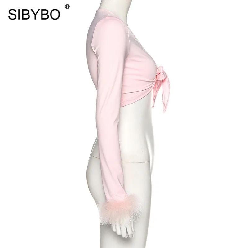 SIBYBO с галстуком-бабочкой, длинный рукав, тонкий укороченный Топ для женщин, v-образный вырез, мех, рукав, Сексуальная футболка, Женская однотонная Повседневная повязка, топы для девушек