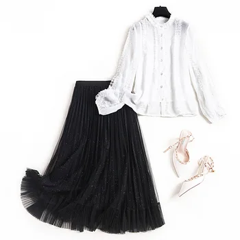 

New 2020 spring women white chiffon blouse ruffles lace trim lantern sleeve tops + black mesh skirt suit elegant two piece set