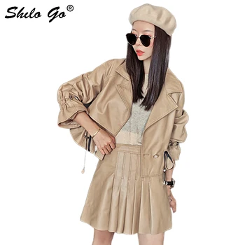 

Genuine Leather Jacket Highstreet Drawstring Waist Flare Sleeve Drop Shoulder Plus Size Sheepskin Coat Women Casual Outwear