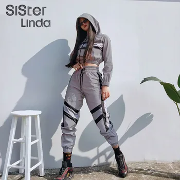 

Sisterlinda Reflective Stripe Patchwork Silver Hoodie Jacket 2piece Short Pullover Tops Stretch Drawstring New Sweatpants Mujer