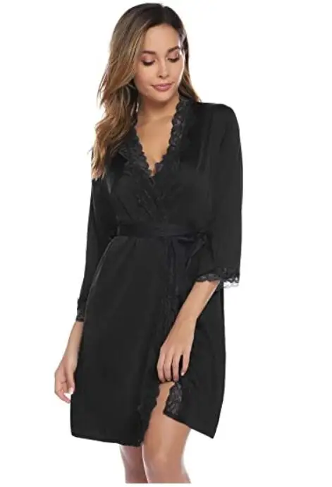 Plus Size Satin Lace Black Kimono Intimate Sleepwear Robe Sexy Night Gown Women Erotic Underwear