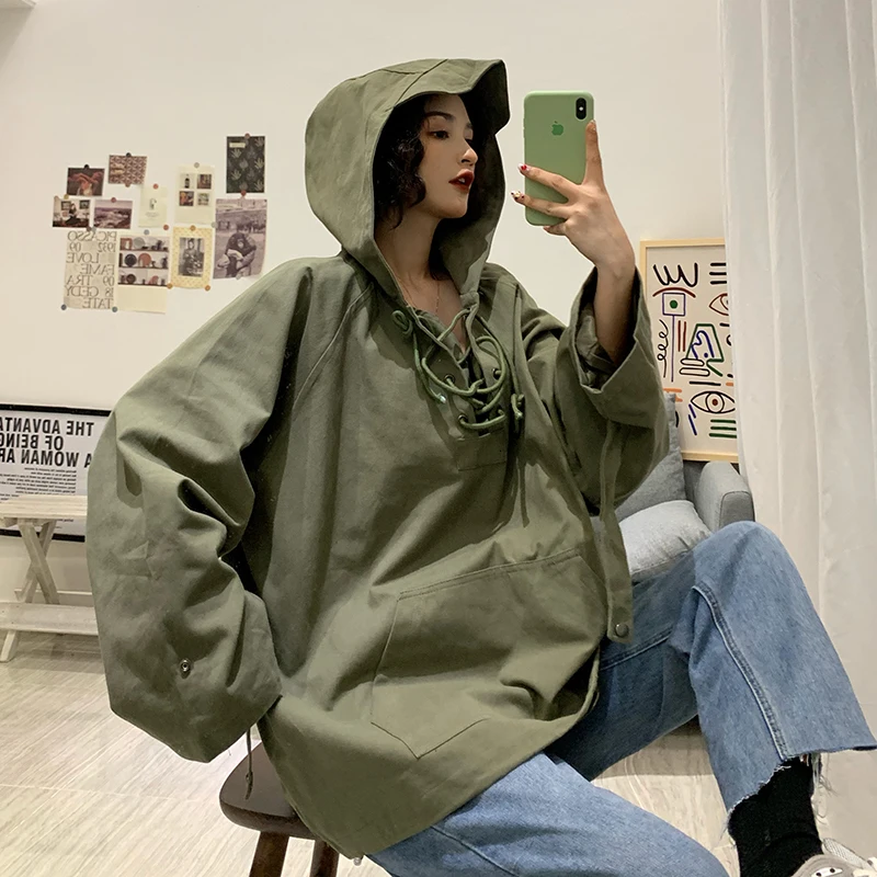 SexeMara Autumn New Hooded Collar Women Tops Full Sleeve Solid Color Large Size Ladies Fashion Loose Pullover CSW164