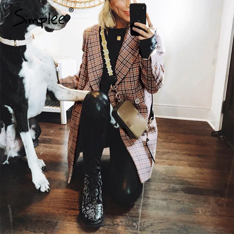 

Simplee Vintage office ladies plaid blazers Long sleeve buttons pockets female blazer coat Elegant autumn winter women jackets