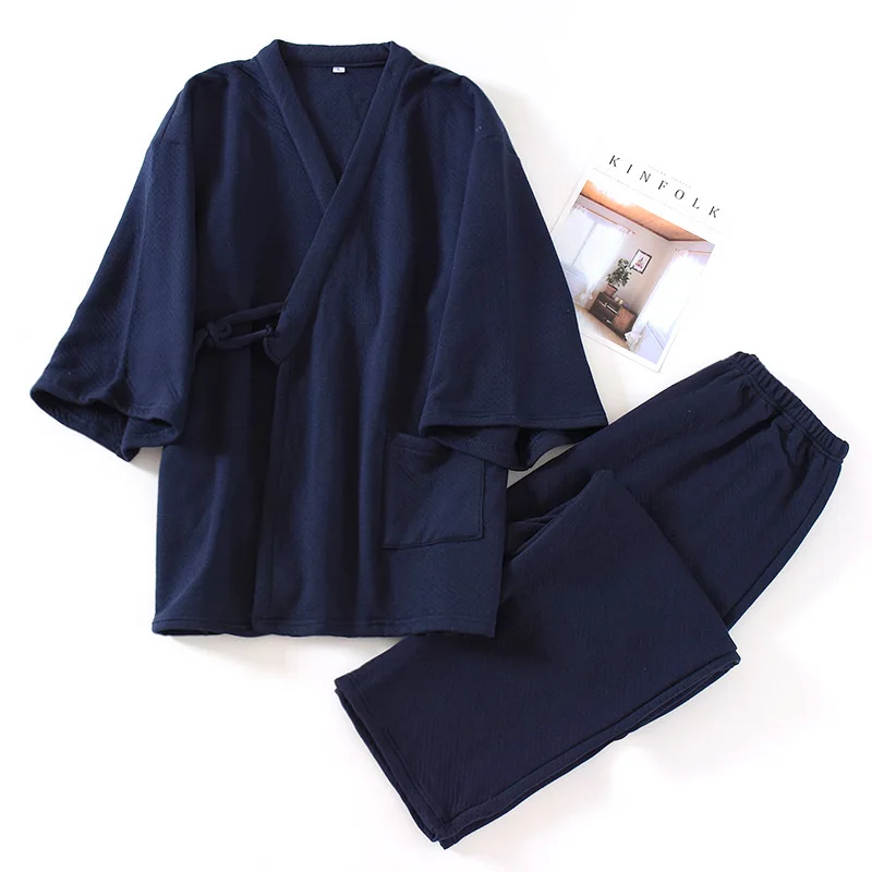 Autumn Winter Japanese Style Men's Kimono Pajamas 100% Cotton Air Layer Mixed Cotton Oversize Sleepwear Two-Piece Nightie pajama sets