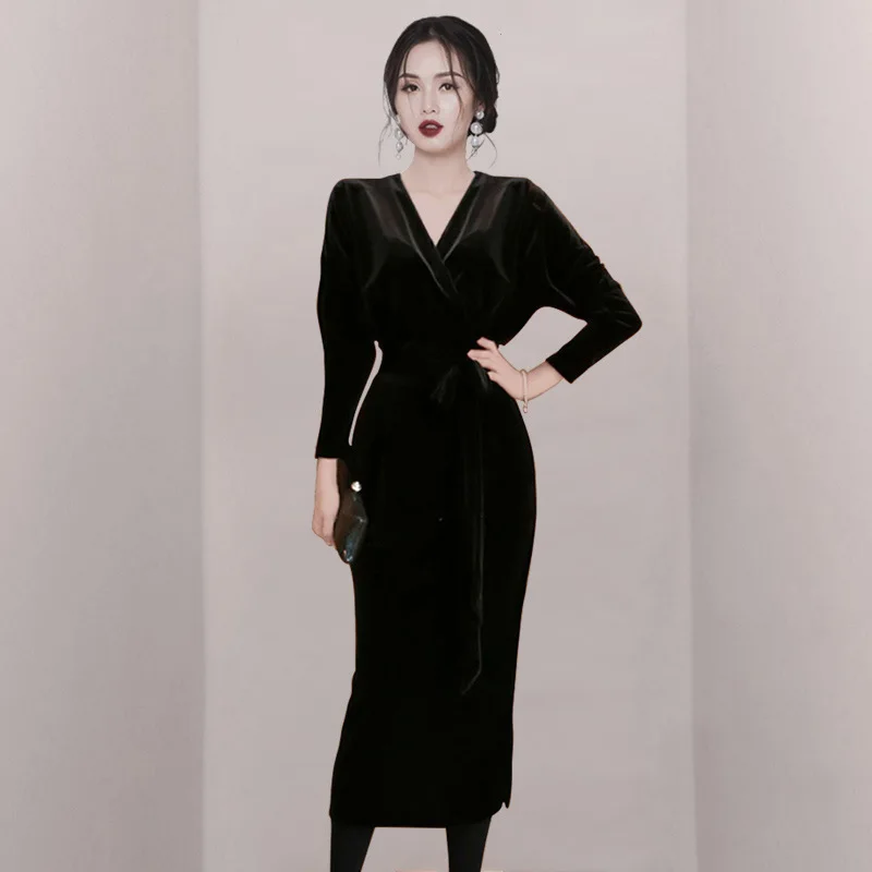 

Sheer Elegant Bodycon Velvet Dress Women Autumn Long Sleeve V-neck Party Dresses Female Streetwear Corset Dress Robes Vestido