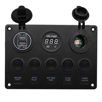 

Blue LED 5 Gang Toggle Switch Panel Dual USB Socket Charger Voltmeter