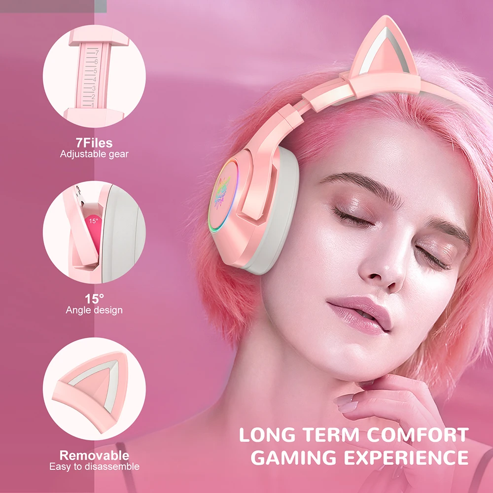 （Original Box）Onikuma K9 Pink Cute Cat Ear Headphone with Mic Gaming Headset and Noise Cancelling with Led Light