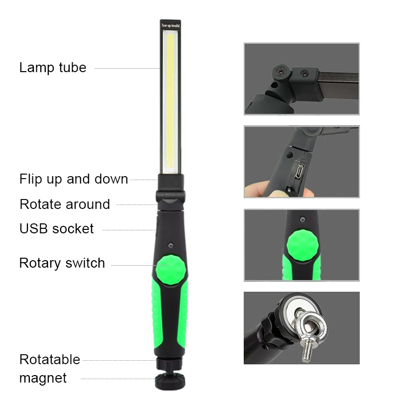 5 шт./лот, магнитный светодиодный светильник, USB Перезаряжаемый COB фонарь, многофункциональный светильник-вспышка, рабочий светильник, COB светодиодный ручной светильник для ремонта автомобиля