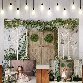 

Mehofond Photography Background Green Plants Retro Wooden Door Decoration Backdrop Birthday Photophone Photo Studio Props