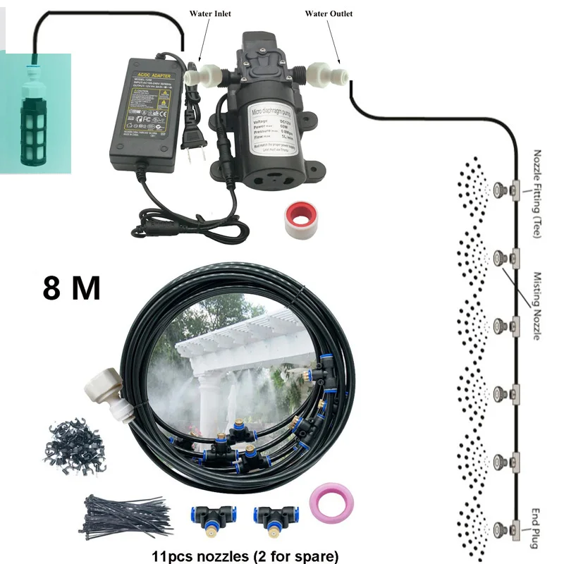 

12V Water Spray Electric Diaphragm Pump Kit Portable Misting Automatic Water Pump 8M Misting Cooling System For Greenhouse