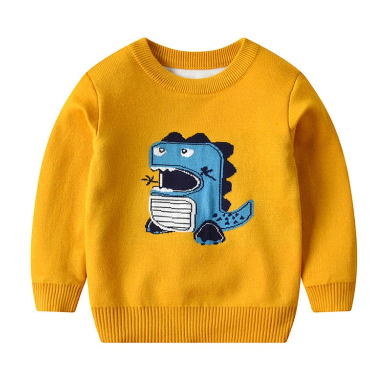 Рождественский свитер с оленем для маленьких мальчиков, вязаные пуловеры с рисунками из мультфильмов, детский Рождественский костюм, свитера, одежда для маленьких девочек - Цвет: Yellow Dinosaur