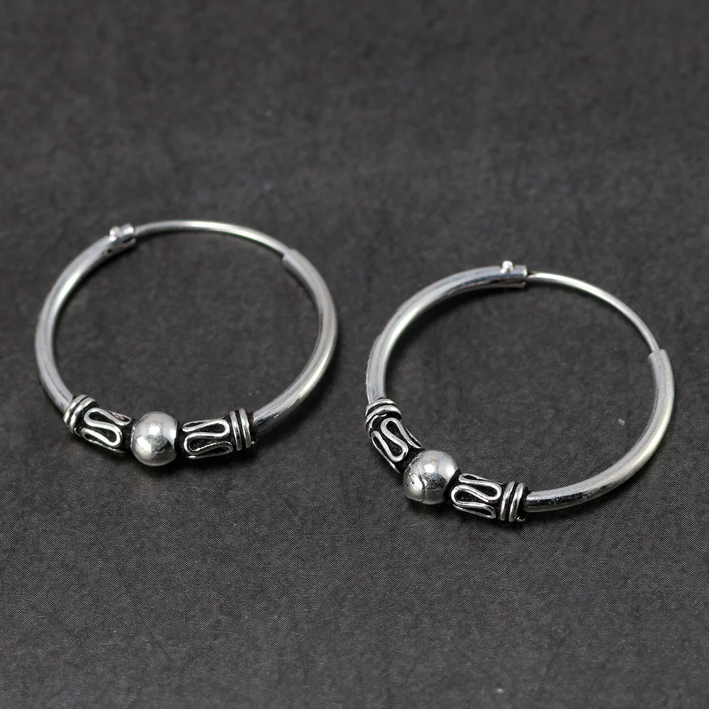 

21mm Real 925 Sterling Silver Hoop Earrings For Women With Beads 4mm Thickness Round Circle Retro Vintage Antique Style