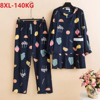 

winter women fleece warm Pajamas Sets cartoon floral tops and pants home sleepwear large size 6XL 8XL Pijamas navy blue 54 58 60