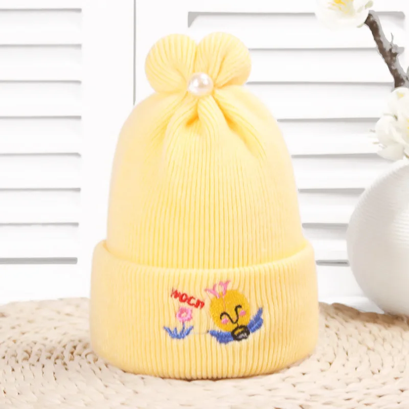 Шапки из хлопка для новорожденных, детские шапки унисекс с вышитой Пчелой, кашемировые шапки на осень и зиму, теплая шапка для мальчиков и девочек 0-6 месяцев - Цвет: Yelow