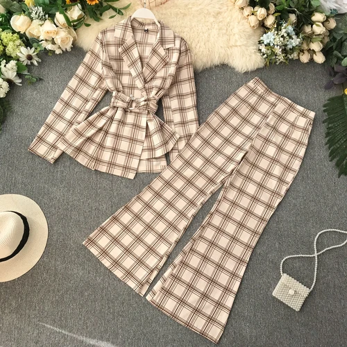 Apricot Neploe Temperament Office Work Style 2 Pcs Women Set Slim Waist Plaid Irregular Blazer+ High Waist Hip Horn Trousers Autumn47334 - Цвет: Apricot