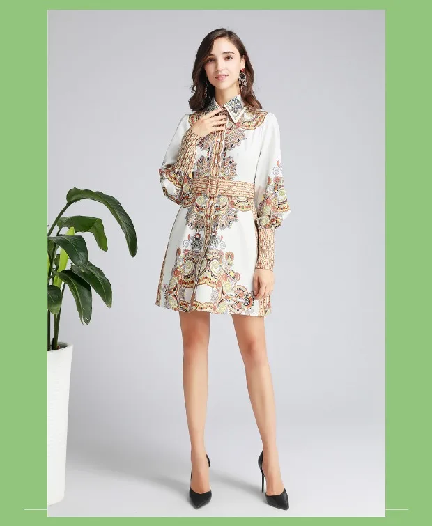 Faldas mujer moda, Осеннее модное винтажное платье, воротник с лацканами, расшитое бисером, пояс со стразами, с принтом, vestido de festa feminina, мини-платье