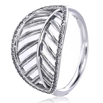 

Authentic 925 Sterling Silver Ring Openwork Leaves Rings With Crystal For Women Wedding Party Gift Fine Jewelry